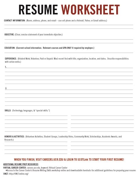 free resume worksheet for adults pdf